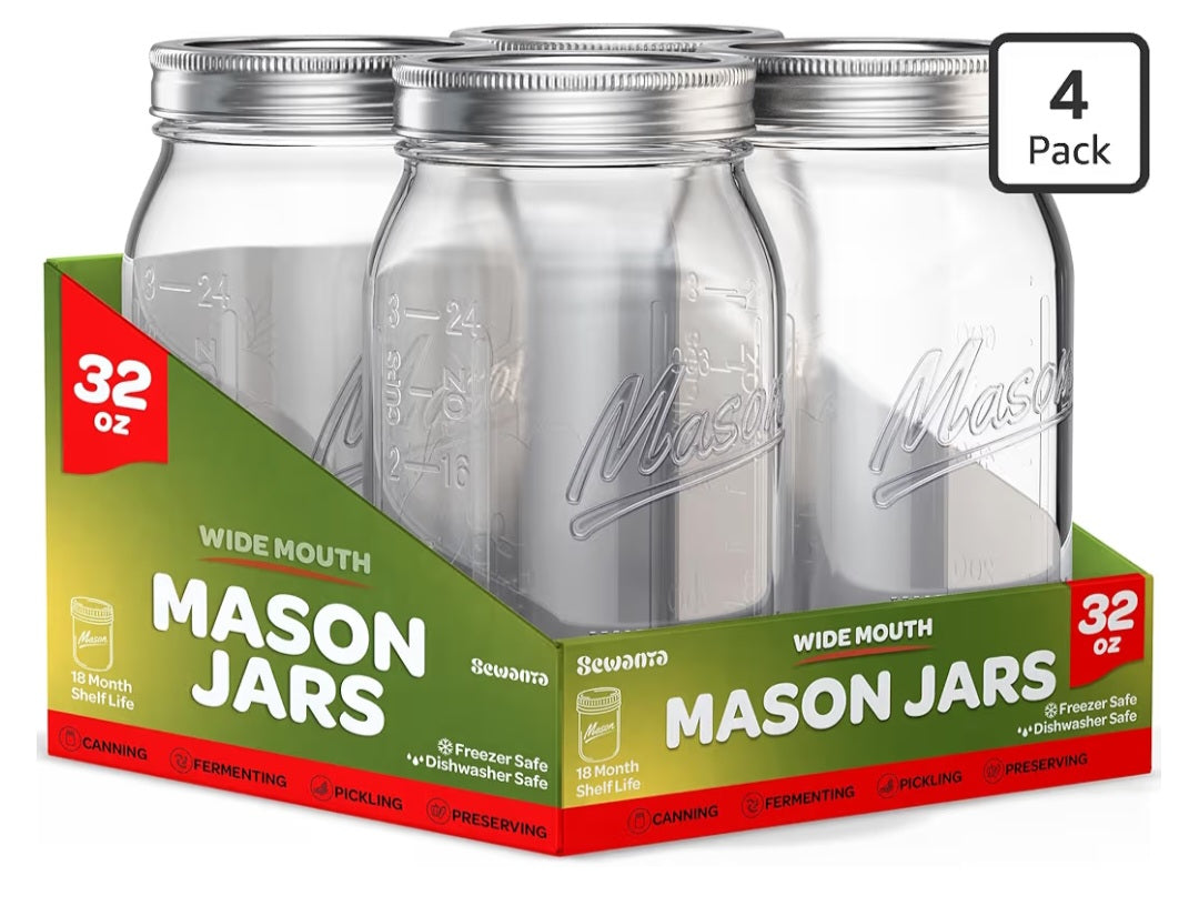 4-Pack 32oz Wide Mouth Mason Jars w/Lids